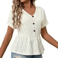 thumbnail image 1 of Ytndtr Women's Button V Neck Ruffle Hem Blouse Waist Half Sleeve Shirts Trendy Work Office Tunic Top, 1 of 5