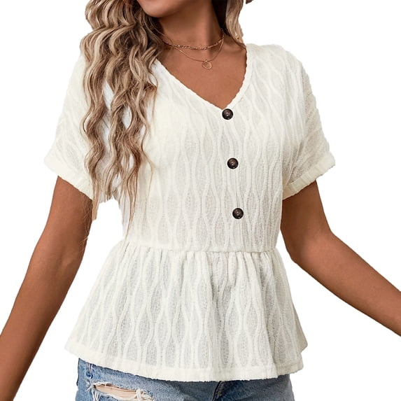 Ytndtr Women's Button V Neck Ruffle Hem Blouse Waist Half Sleeve Shirts Trendy Work Office Tunic Top