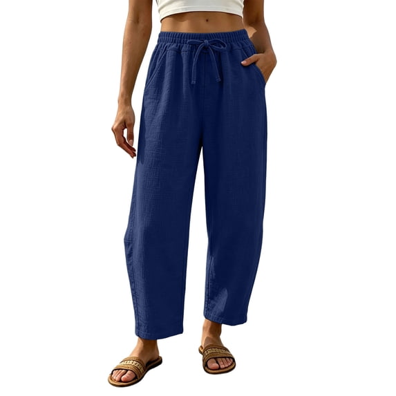 CHGBMOK Women's Casual Cropped Pants Elastic Waist Drawstring Wide Leg Pants with Pockets Loose Trousers