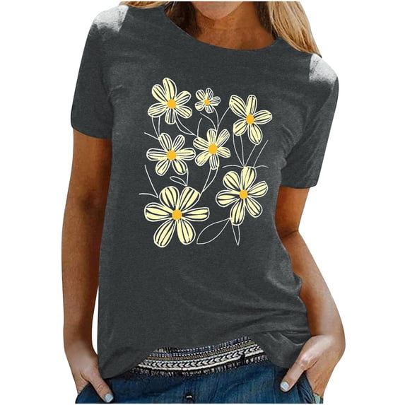 Ytndtr Women's Casual Tops Daisy Print Short-sleeved Tees Crew-neck Pullover