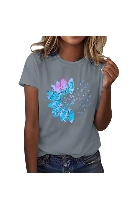 Sunflower Shirts for Women Plus Size T-shirt Flower Graphic Tees Round Neck Short Sleeved Summer Tops