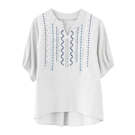 Ytndtr Women's Cotton Linen Plus Size Tops Boho Embroidered Three-quarter Sleeve Shirts Summer Vintage Jacquard Tunic