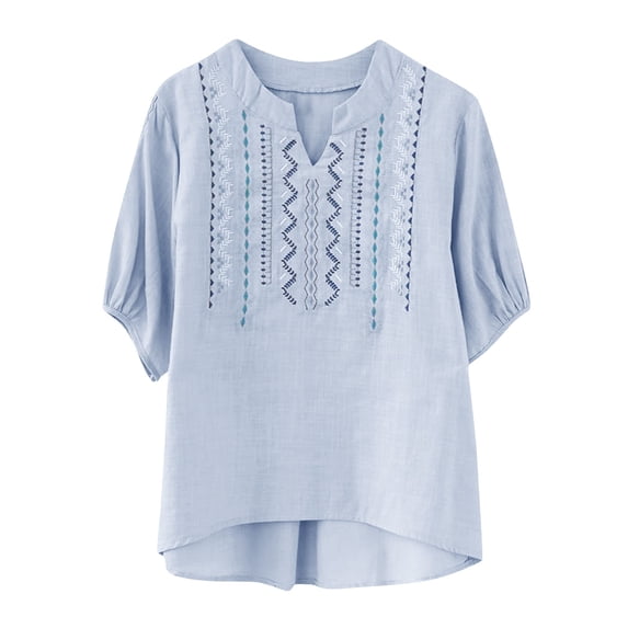 Ytndtr Women's Cotton Linen Plus Size Tops Boho Embroidered Three-quarter Sleeve Shirts Summer Vintage Jacquard Tunic