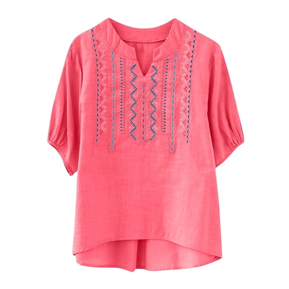 Ytndtr Women's Cotton Linen Plus Size Tops Boho Embroidered Three-quarter Sleeve Shirts Summer Vintage Jacquard Tunic