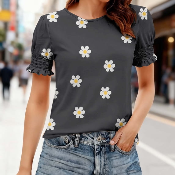 Ytndtr Women's Fashion Summer Clothing Printed Blouse Short Sleeves Round Neck Top