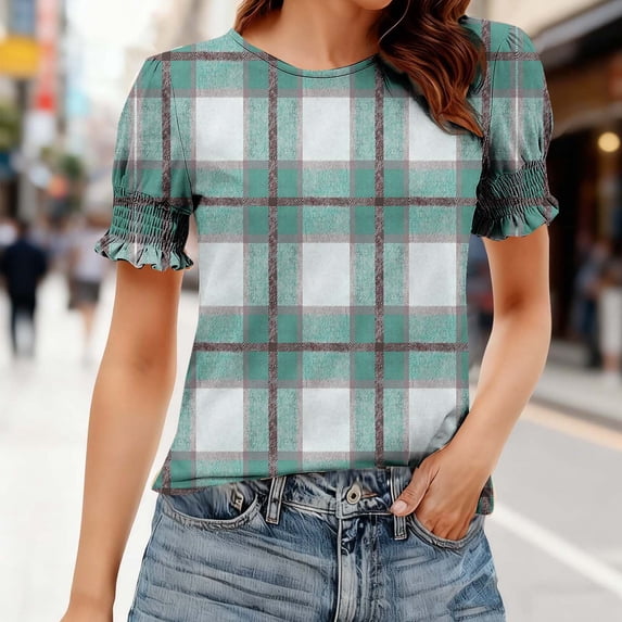 Ytndtr Women's Fashion Summer Clothing Printed Blouse Short Sleeves Round Neck Top
