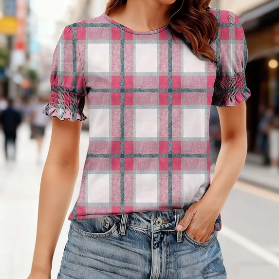 Ytndtr Women's Fashion Summer Clothing Printed Blouse Short Sleeves Round Neck Top