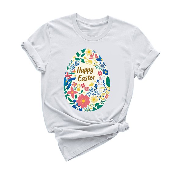 Ytndtr Women's Happy Easter Egg Shirts Funny Bunny Print T-Shirt Short Sleeve Rabbit Graphic Tees Tops