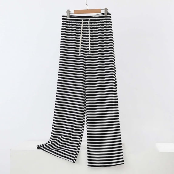 Ytndtr Women's Loose Casual Drawstring Lounge Pants Comfy Pajama Striped Print Stretch Wide Leg