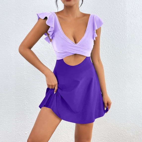 Ytndtr Women's One Piece Swimsuit Dress Ruffle Sleeve Cutout Bathing Suit with Skirt
