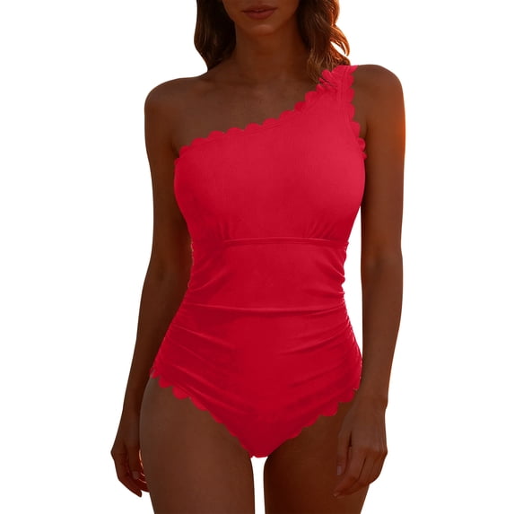 Ytndtr Women's One Shoulder Scallop Trim One Piece Swimsuit Tummy Control Ribbed Bathing Suit