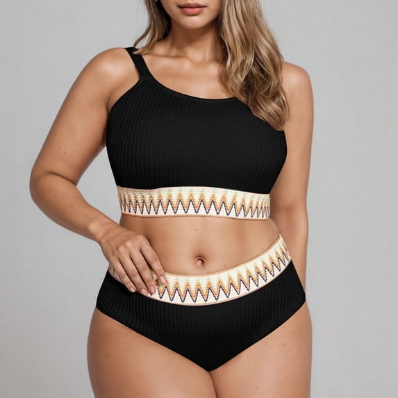 Ytndtr Women's Plus Size High Waisted Ribbed Bikini Set Boho Trim Two Piece Swimsuit for Beach Vacation