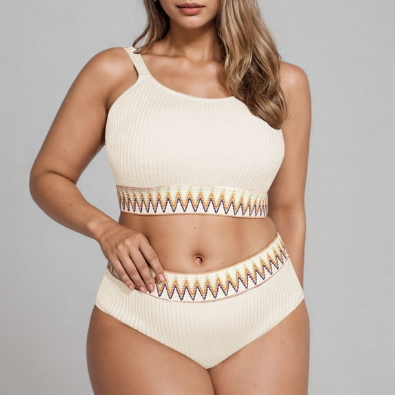 Ytndtr Women's Plus Size High Waisted Ribbed Bikini Set Boho Trim Two Piece Swimsuit for Beach Vacation