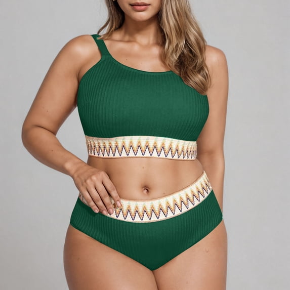 Ytndtr Women's Plus Size High Waisted Ribbed Bikini Set Boho Trim Two Piece Swimsuit for Beach Vacation