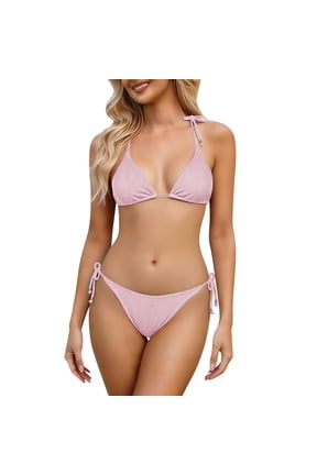 Women's Ribbed Triangle Bikini Set Adjustable Tie Straps Bead Accents Sexy Ribbed Top Bathing Suits String Cheeky Bikini Sets