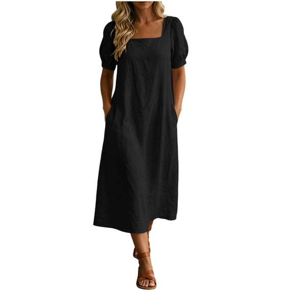 Ytndtr Women's Square Neck Puff Sleeve Linen Blend Midi Dress Casual Solid Color Shift Dress with Pockets