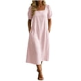 thumbnail image 1 of Ytndtr Women's Square Neck Puff Sleeve Linen Blend Midi Dress Casual Solid Color Shift Dress with Pockets, 1 of 6