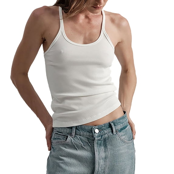 Ytndtr Women's Summer Spaghetti Strap Tank Top Form Fitting Crew Neck Ribbed Knit Basic Shirts