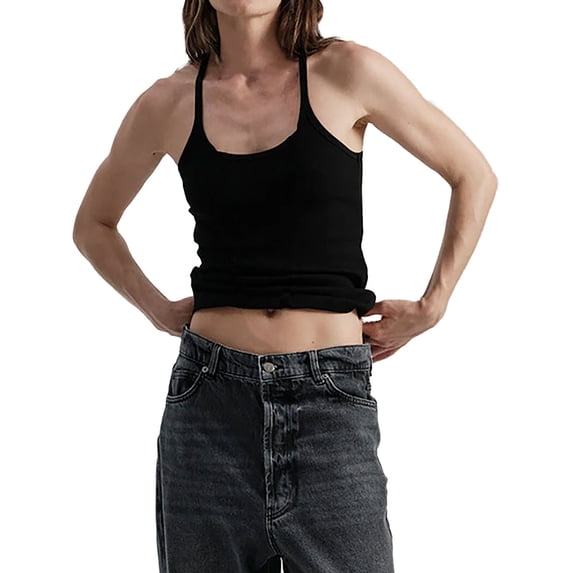 Ytndtr Women's Summer Spaghetti Strap Tank Top Form Fitting Crew Neck Ribbed Knit Basic Shirts