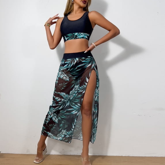 Ytndtr Women's Tropical Leaf Print 3-Piece Swimsuit Set Crop Top Bikini with Sheer Mesh High-Slit Cover-Up Skirt