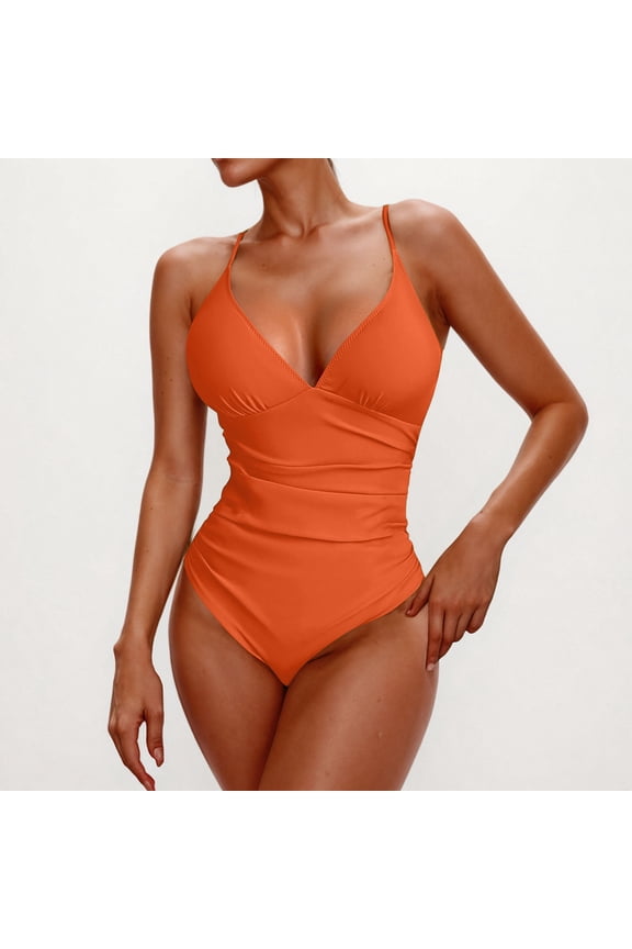Women's Tummy Control One Piece Push Up Swimsuit V Neck Ruched Spaghetti Strap Bathing Suit