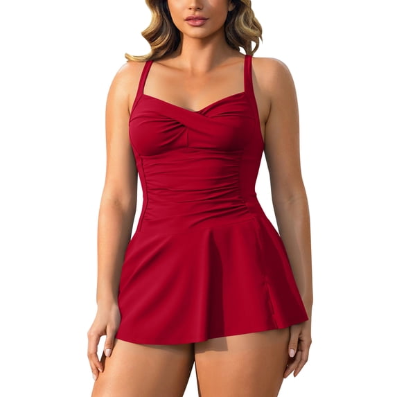 Ytndtr Women's Tummy Control One Piece Swim Dress Ruched Skirted Bathing Suit