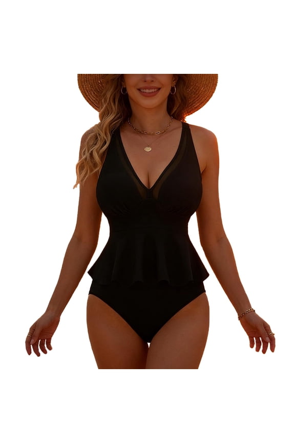 Women's Tummy Control Peplum Tankini Set Mesh V Neck Two Piece Swimsuit with High Waisted Bottoms