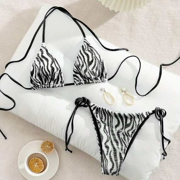 Ytndtr Women's Zebra Stripe Print Bikini Set Textured Triangle Tie Side Two Piece Swimsuit