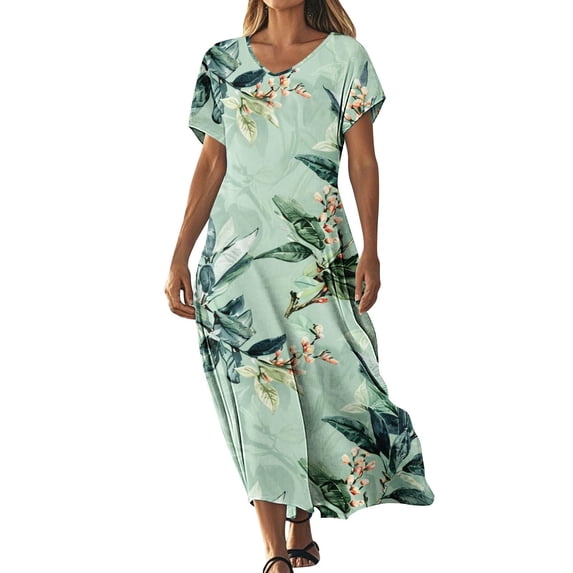 Ytndtr Womens 2025 Short Sleeves Floral Print V-Neck Summer Sundress Maxi Dress
