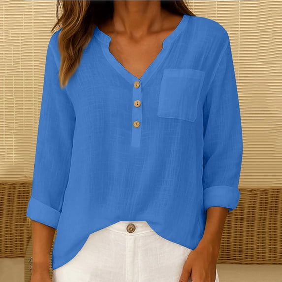 Ytndtr Womens Cotton and Linen Shirts Solid Color Short Sleeved Pocket Top V Neck Casual Loose Button Outfits
