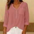 thumbnail image 1 of Ytndtr Womens Cotton and Linen Shirts Solid Color Short Sleeved Pocket Top V Neck Casual Loose Button Outfits, 1 of 9