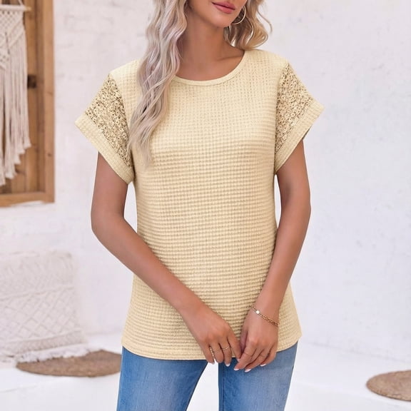 Ytndtr Womens Summer Tops 2026 Waffle Knit Lace Hollow Out Short Sleeve T-Shirts Crewneck Casual Loose Basic Blouses