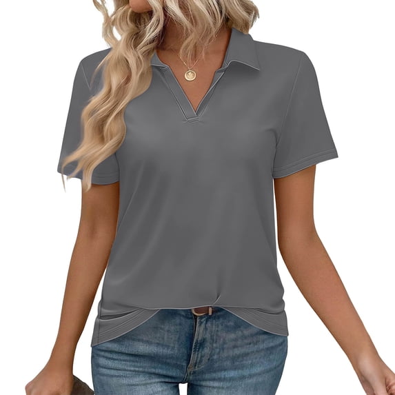 Ytndtr Womens V Neck Polo Shirts Short Sleeve Collared Golf Tops Casual Business Work T-Shirts Breathable Soft Knit Tennis Tees