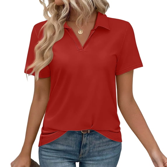 Ytndtr Womens V Neck Polo Shirts Short Sleeve Collared Golf Tops Casual Business Work T-Shirts Breathable Soft Knit Tennis Tees
