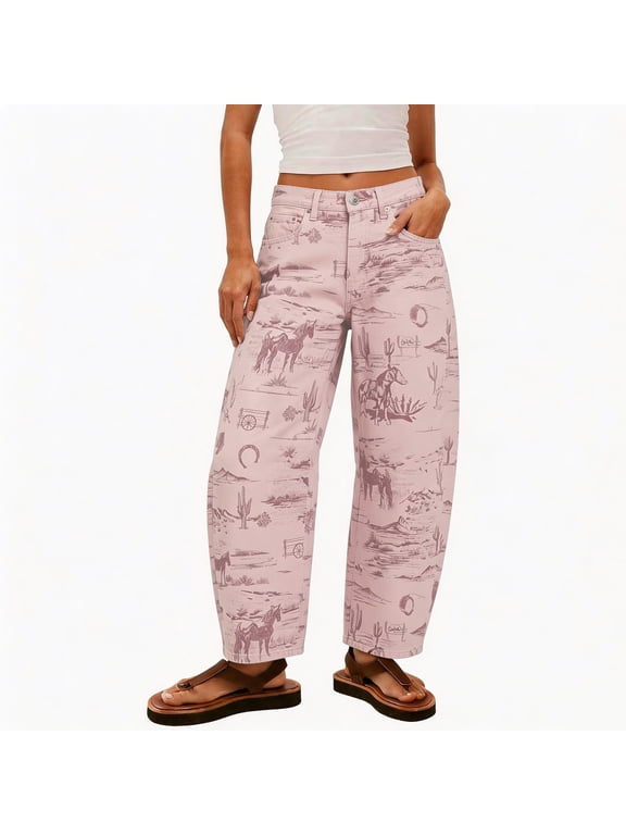 Baggy Denim Pants for Women Novelty Western Graphic Print Wide Leg Jeans Casual Relaxed Fit High Waisted Vintage Streetwear Long Trousers for Everyday Fashion Aesthetic Pink XL