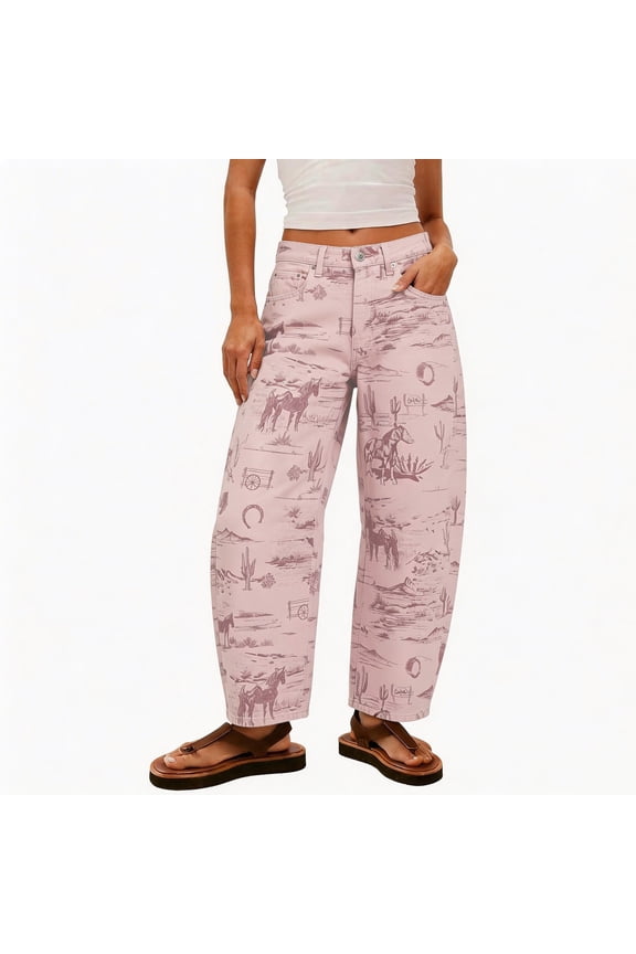 Baggy Denim Pants for Women Novelty Western Graphic Print Wide Leg Jeans Casual Relaxed Fit High Waisted Vintage Streetwear Long Trousers for Everyday Fashion Aesthetic Pink S