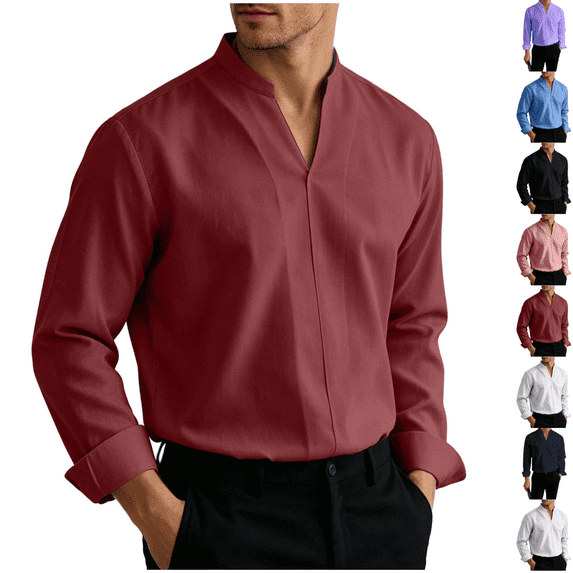 Ytobaz Banded Collar Shirts for Men V Neck Long Sleeve Casual Dress ...