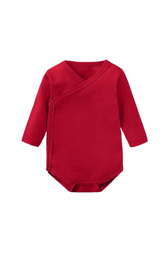 Newborn Baby Long Sleeve Onesie Kimono Bodysuit Side Snap Wrap Onesie Infant Toddler Basic Solid Jumpsuit Fall Winter Cozy One Piece Sleepwear Daily Clothes Red 3-6 Months