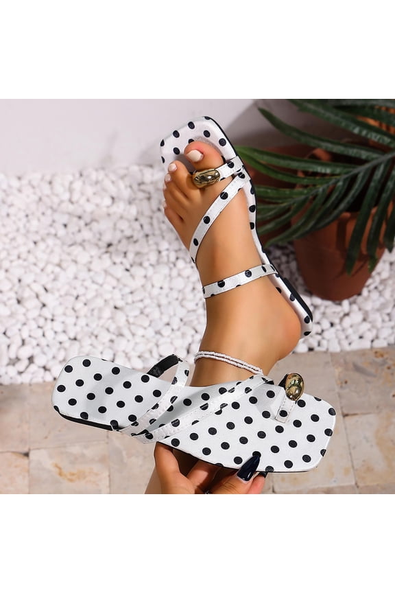 Slide Sandals for women Polka Dot Canvas Toe Ring Flat Sandals Open Toe Slides Beach Vacation Travel Outdoor Daily Casual Summer Footwear