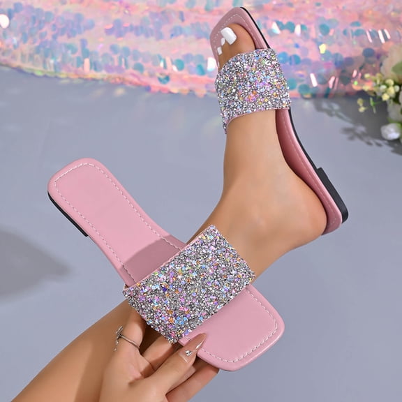 Ytobaz Slide Sandals for women Rhinestone Glitter Slides Square Toe Flat Sandals Open Toe Dressy Party Wedding Vacation Travel Evening Footwear