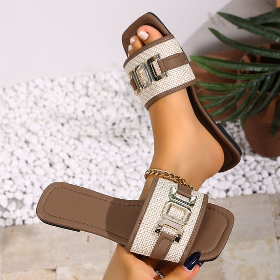 Ytobaz Slide Sandals for women Woven Buckle Flat Sandals Open Toe Slides Office Vacation Travel Walking Daily Casual Comfortable Footwear