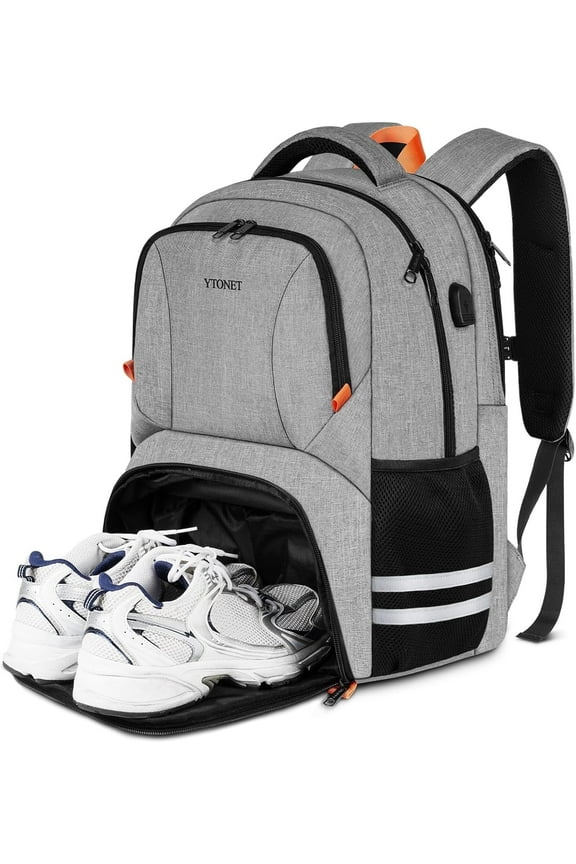 Travel Backpack for Men & Women, Water-Resistant Sports Backpack with Shoe Compartment & USB Port, Fits 15.6-inch Laptop – Ideal for Workouts, Camping, Hiking, Gray