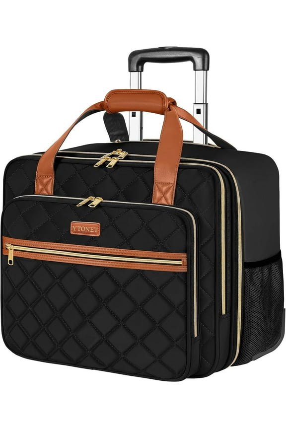 Rolling Laptop Bag, 17.3 Inch Rolling Briefcase for Women Men, Water Resistant Computer Bag with Wheels, Black Brown