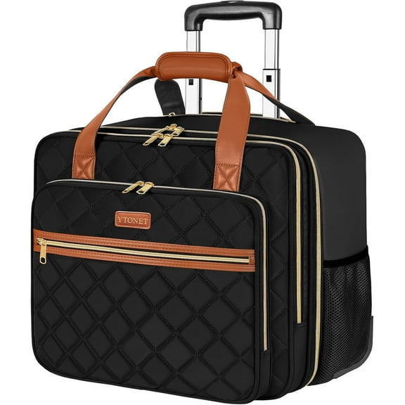 Ytonet Rolling Laptop Bag, 17.3 Inch Rolling Briefcase for Women Men, Water Resistant Computer Bag with Wheels, Black Brown