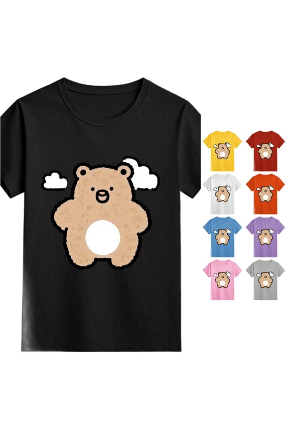 Girls Cute Bear Print Short Sleeve Round Neck Loose Soft Tee Black 1-2 Years