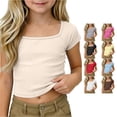 thumbnail image 1 of Ytxxxx Girls Ribbed Knit Crop Top Short Sleeve Square Neck Raglan Basic Shirt Beige 13-14 Years, 1 of 7