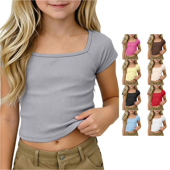 Ytxxxx Girls Ribbed Knit Crop Top Short Sleeve Square Neck Raglan Basic Shirt Grey 4-5 Years