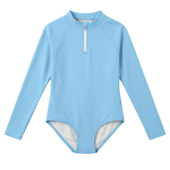 Ytxxxx Girls Zip-Up Solid Color Quick Dry One-Piece Swimsuits Light Blue 7-8 Years