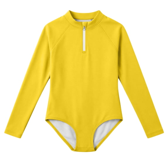 Ytxxxx Girls Zip-Up Solid Color Quick Dry One-Piece Swimsuits Yellow 11-12 Years