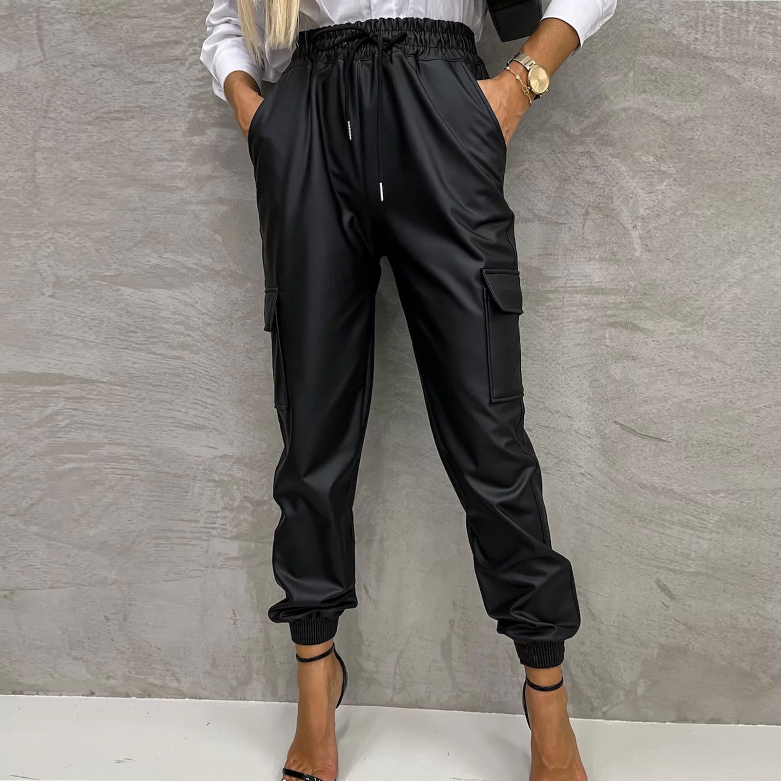 Yu Cheng Women s Drawstring Pants Casual Solid Color Drawstring Elastic Waist Slim Leather Pants Womens Pants Dressy Casual Black L Walmart